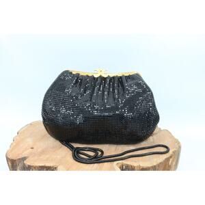 Whiting & Davis Vtg Black Mesh Bag - Rhinestone Closure- Black Snake Mesh Chain